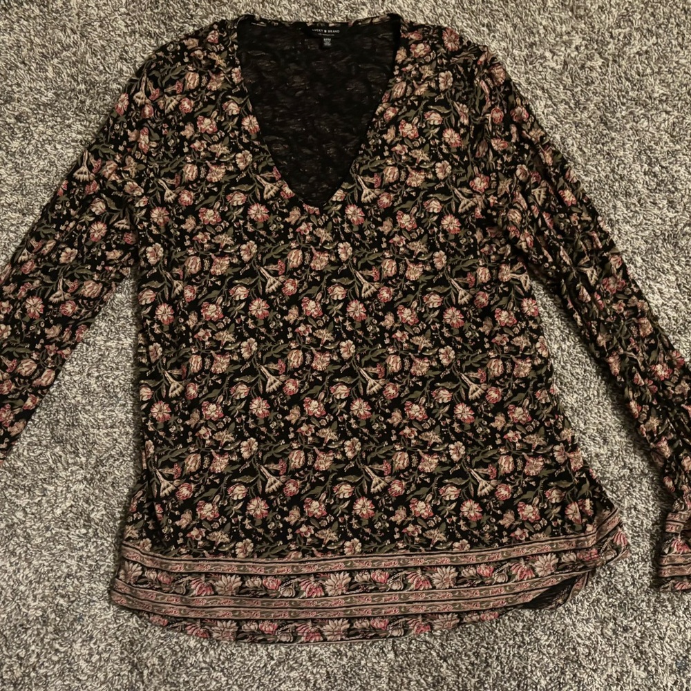 Lucky Brand Black and Pink Floral Long Sleeve Top, Medium, EUC